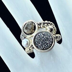 JR9041 Michael Dawkins Sterling Silver Pyrite Cultured Pearl Quartz ring s7